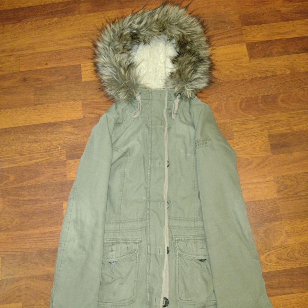 Abercrombie & Fitch Green Utility Jacket with Faux Fur Hood